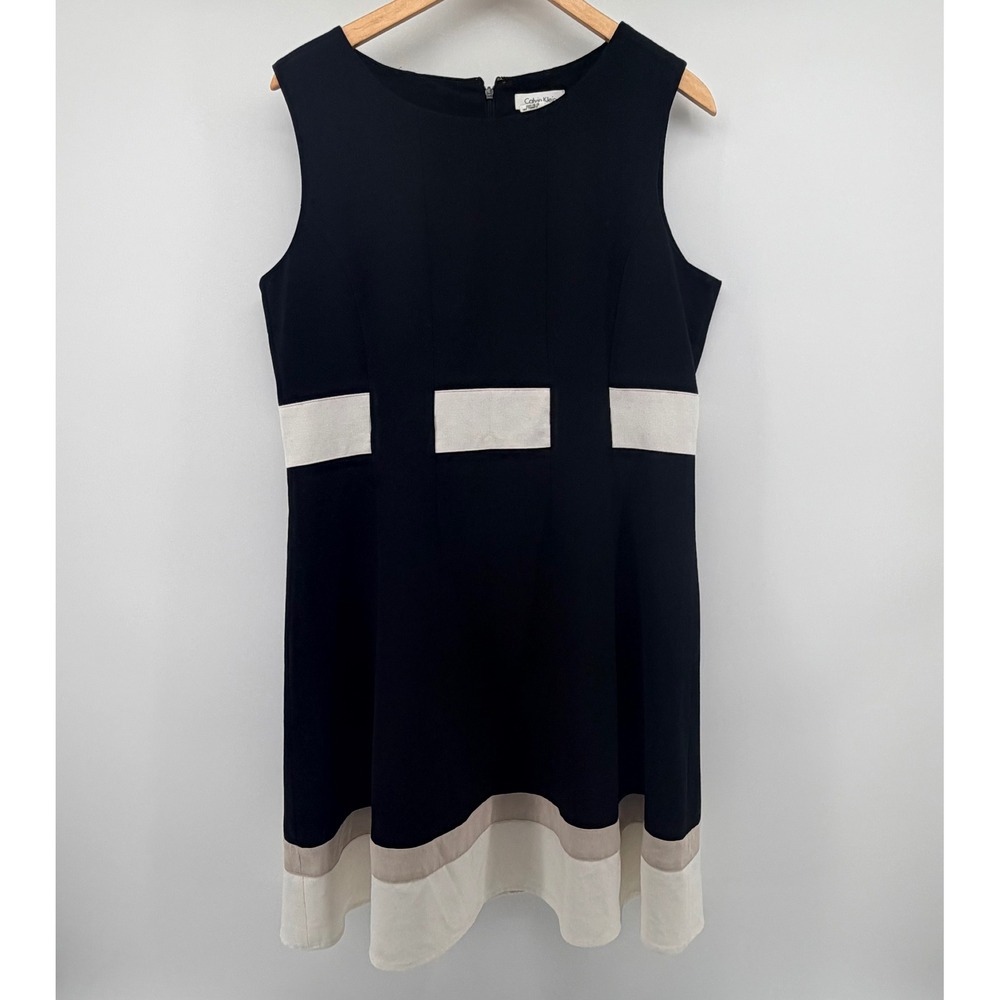 Calvin Klein Sheath Dress Womens 14 Black Colorblock‎ Sleeveless Round Neck Zip